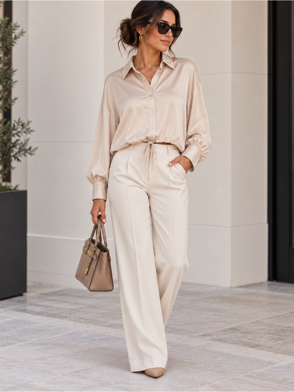 DREW Light Cream Button-Down Drawstring Hem Shirt